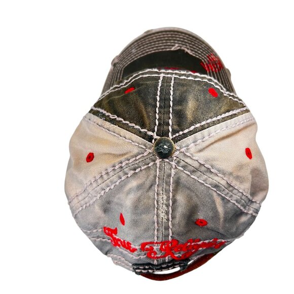 True Religion Distressed Hat Red Tibetan Buddha Guitar Embroidery Cap Strapback - Picture 8 of 16